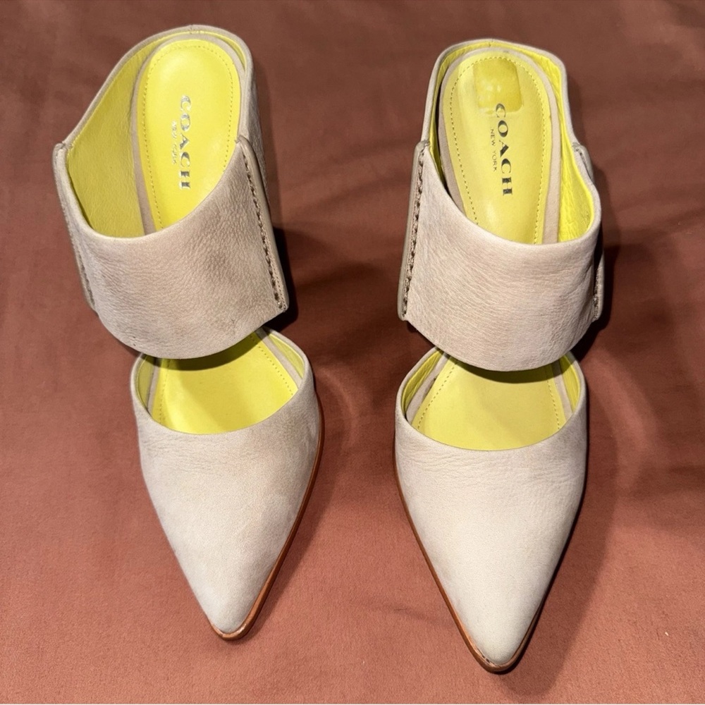 Coach Fortune Tan Suede Stacked Heel Mules Women's Size 8 B